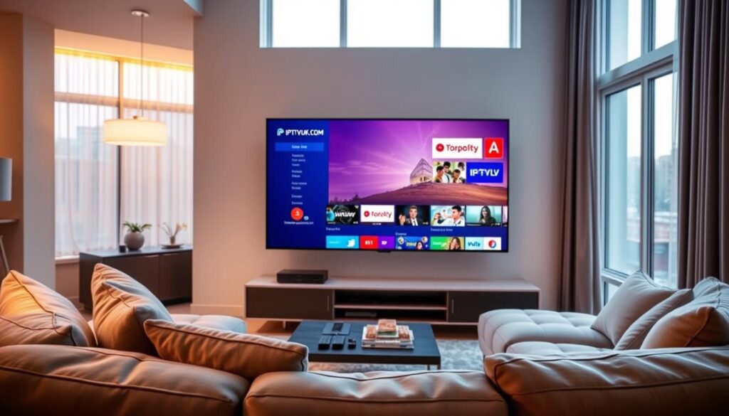 A modern living room setting with a sleek large-screen TV displaying a crisp, high-definition image streaming IPTV content from IPTVVUK.COM. In the foreground, a comfortable sofa with stylish cushions invites viewers to sit and enjoy. The middle ground features a coffee table with remote controls and snacks, suggesting a cozy viewing experience. The background shows a softly lit room with warm ambient lighting, creating an inviting atmosphere. Large windows allow natural light to filter in, enhancing the feeling of relaxation and comfort. The angle is slightly tilted upward to emphasize the impressive screen quality and vivid colors from the display. The mood is relaxed and enjoyable, highlighting the technological advantages of IPTV streaming quality in Ontario, Canada. A modern living room setting with a sleek large-screen TV displaying a crisp, high-definition image streaming IPTV content from IPTVVUK.COM. In the foreground, a comfortable sofa with stylish cushions invites viewers to sit and enjoy. The middle ground features a coffee table with remote controls and snacks, suggesting a cozy viewing experience. The background shows a softly lit room with warm ambient lighting, creating an inviting atmosphere. Large windows allow natural light to filter in, enhancing the feeling of relaxation and comfort. The angle is slightly tilted upward to emphasize the impressive screen quality and vivid colors from the display. The mood is relaxed and enjoyable, highlighting the technological advantages of IPTV streaming quality in Ontario, Canada.