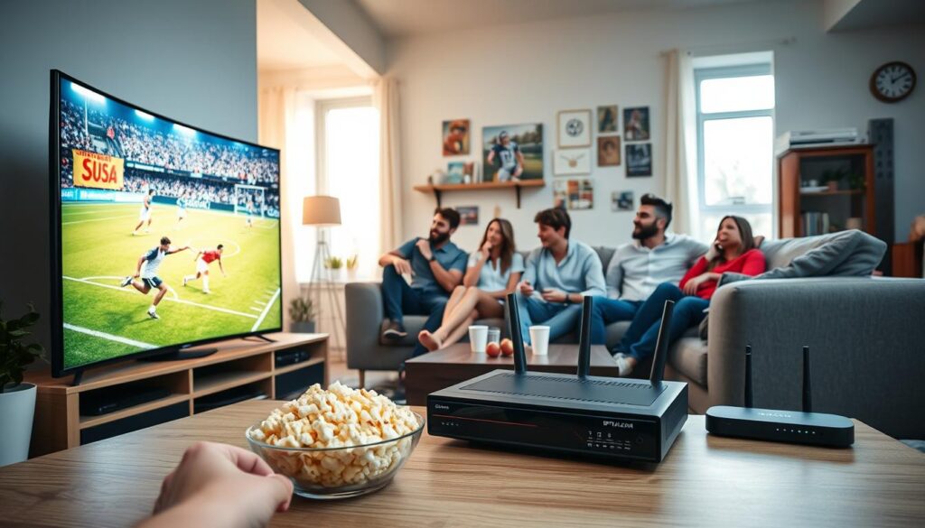 A modern living room setup designed for an IPTV sports experience. In the foreground, a sleek, curved television displays vibrant sports action, with a bowl of popcorn and drinks on a stylish coffee table. In the middle ground, a comfortable sectional couch is arranged for a group of friends, all dressed in casual attire, showing excitement while watching a game. The background features a well-lit space with sports memorabilia, and an IPTV receiver next to a router, highlighting IPTVVUK.COM's branding prominently. Soft ambient lighting creates a cozy atmosphere, with natural sunlight filtering through large windows. The composition focuses on a wide-angle view to capture the lively interaction among friends, ensuring a vibrant, engaging scene that conveys the excitement of sports streaming at home. A modern living room setup designed for an IPTV sports experience. In the foreground, a sleek, curved television displays vibrant sports action, with a bowl of popcorn and drinks on a stylish coffee table. In the middle ground, a comfortable sectional couch is arranged for a group of friends, all dressed in casual attire, showing excitement while watching a game. The background features a well-lit space with sports memorabilia, and an IPTV receiver next to a router, highlighting IPTVVUK.COM's branding prominently. Soft ambient lighting creates a cozy atmosphere, with natural sunlight filtering through large windows. The composition focuses on a wide-angle view to capture the lively interaction among friends, ensuring a vibrant, engaging scene that conveys the excitement of sports streaming at home.