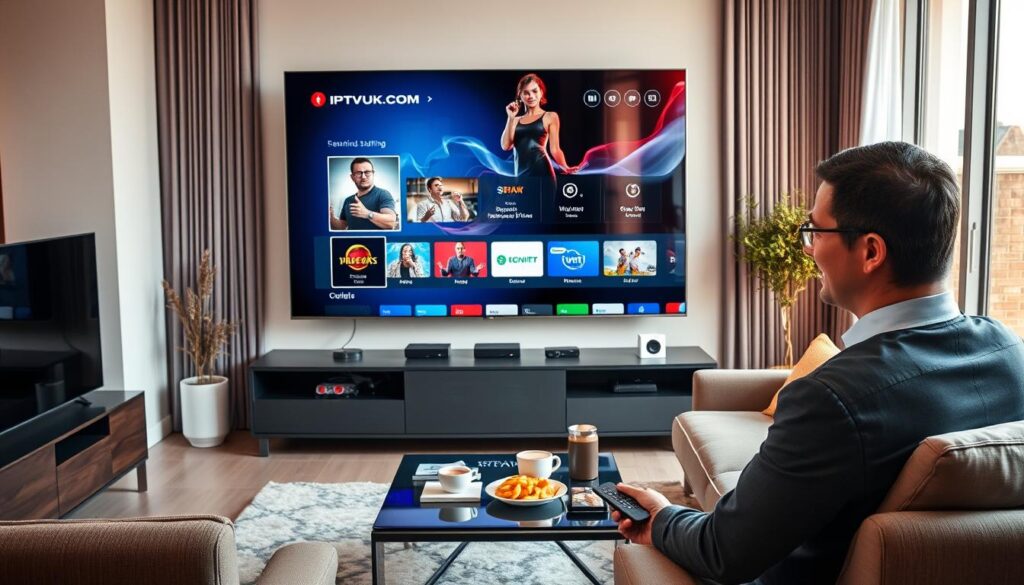 A modern living room setup featuring a large, sleek TV displaying an engaging IPTV streaming interface from IPTVVUK.COM. In the foreground, a professional-looking person in smart casual attire is holding a remote, intently focused on the screen. In the middle ground, a comfortable couch and a stylish coffee table with snacks and drinks create an inviting atmosphere. A large window in the background lets in warm, natural light, highlighting the cozy yet high-tech environment. Subtle reflections from the TV screen illuminate the room, enhancing the mood of relaxation and connectivity. The scene conveys an optimized entertainment experience, emphasizing the joy of live streaming services in a contemporary home setting.