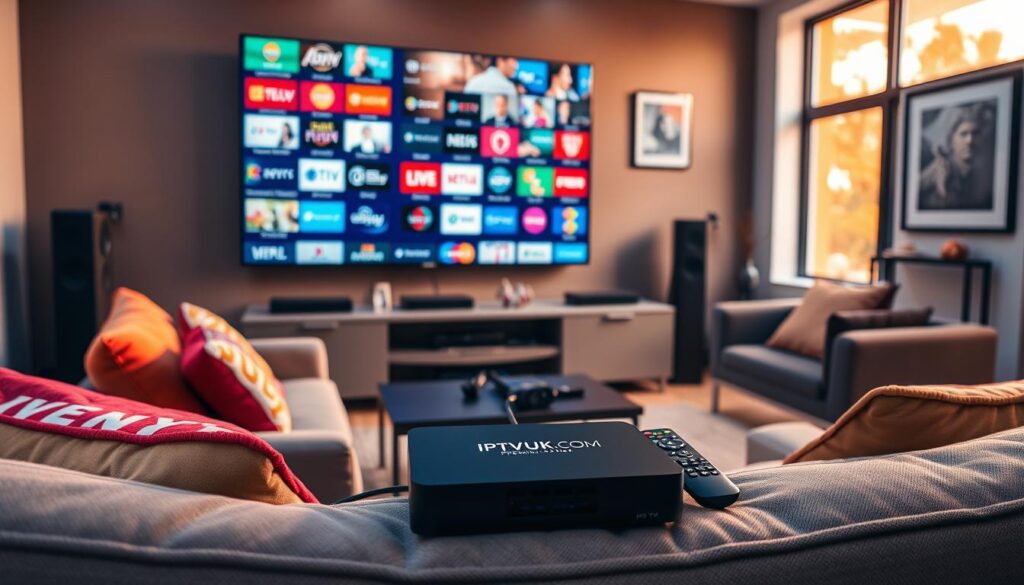 A modern living room setup featuring a sleek, high-definition television displaying a vibrant array of IPTV channels. In the foreground, a comfortable, stylish couch with colorful throw pillows invites viewers to relax. The middle ground showcases a contemporary entertainment center with a streaming device prominently displaying the logo "IPTVVUK.COM," surrounded by neatly organized remote controls and gadgets. In the background, large windows let in warm, natural light, highlighting wall art that reflects a tech-savvy home. The atmosphere is inviting and cozy, perfect for enjoying premium content. The scene is captured with soft lighting, emphasizing detail and clarity, and shot with a slight upward angle to portray an engaging and immersive experience of setting up an HD IPTV service.