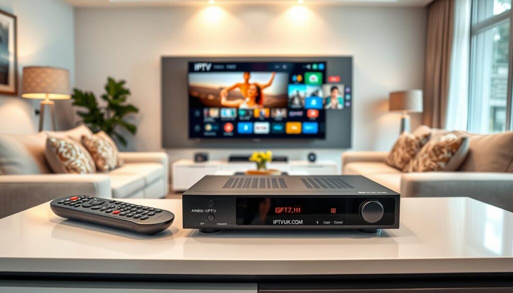 A modern living room setup showcasing Arabic IPTV streaming devices prominently on a sleek, contemporary media console. In the foreground, focus on a stylish IPTV receiver labeled "IPTVVUK.COM," surrounded by a remote control and smart TV with vibrant streaming content displayed. In the middle ground, include a comfortable sectional sofa and decorative pillows, exuding a warm, inviting atmosphere. The background features a softly illuminated wall with a minimalist design, enhancing the cozy feel of the room. Natural sunlight filters in through large windows, creating a bright, cheerful ambiance. Capture this scene using a wide-angle lens for depth, focusing on clarity and detail, conveying a sense of modernity and technological sophistication. The overall mood is relaxed, perfect for streaming enthusiasts.