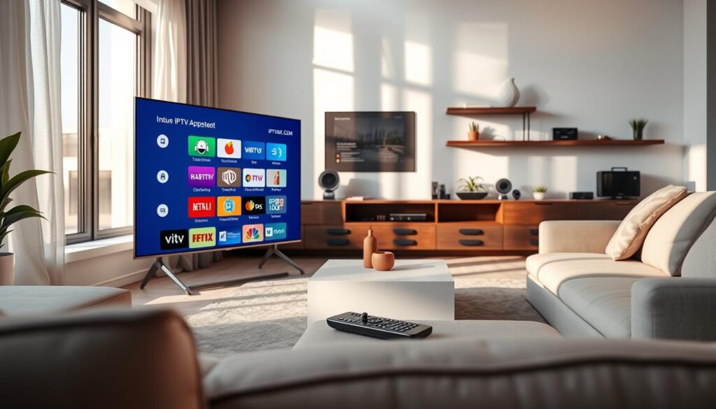 A modern living room setup showcasing IPTV apps in action. In the foreground, a sleek smart TV displaying an intuitive IPTV interface with colorful app icons. A stylish remote control lies on a minimalist coffee table. In the middle, a comfortable sofa adorned with cozy cushions, creating an inviting atmosphere for family viewing. Soft, natural lighting streams in from a nearby window, casting gentle shadows. The background features a contemporary entertainment center, complete with streaming devices and decorative elements like plants. Emphasize a clean, tech-savvy aesthetic that appeals to cord-cutters. The overall mood should convey convenience and modernity, with a hint of excitement for new media consumption. Highlight the brand "IPTVVUK.COM" subtly incorporated into the TV interface. A modern living room setup showcasing IPTV apps in action. In the foreground, a sleek smart TV displaying an intuitive IPTV interface with colorful app icons. A stylish remote control lies on a minimalist coffee table. In the middle, a comfortable sofa adorned with cozy cushions, creating an inviting atmosphere for family viewing. Soft, natural lighting streams in from a nearby window, casting gentle shadows. The background features a contemporary entertainment center, complete with streaming devices and decorative elements like plants. Emphasize a clean, tech-savvy aesthetic that appeals to cord-cutters. The overall mood should convey convenience and modernity, with a hint of excitement for new media consumption. Highlight the brand "IPTVVUK.COM" subtly incorporated into the TV interface.