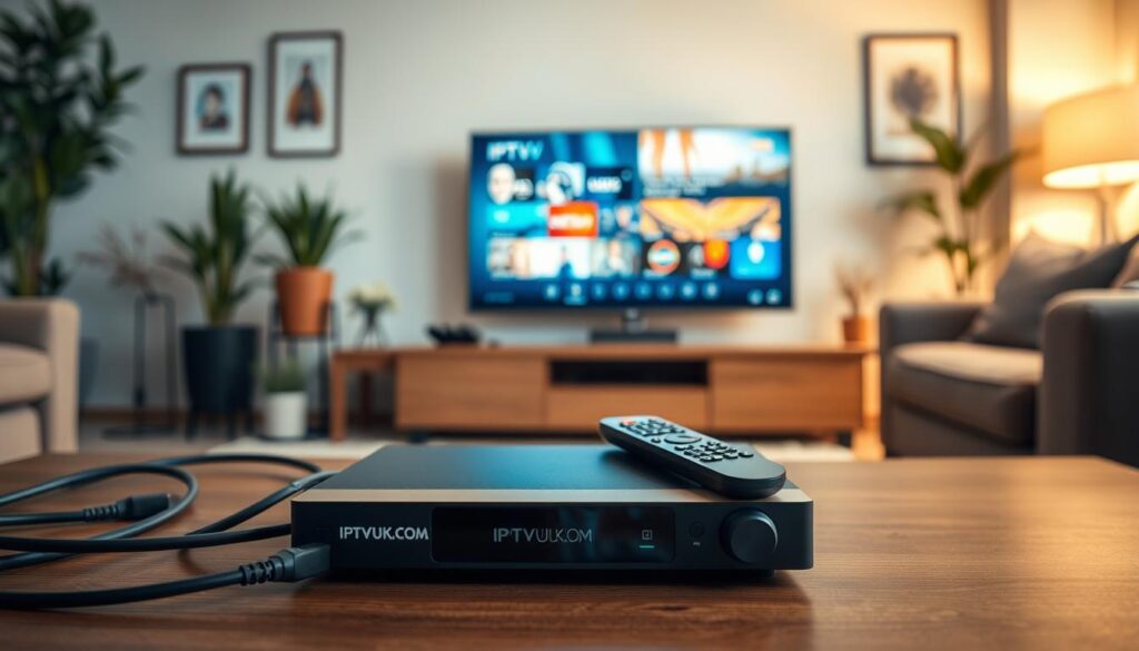 A modern living room setup showcasing IPTV streaming devices. In the foreground, a sleek IPTV receiver with the brand "IPTVVUK.COM" prominently displayed, surrounded by a remote control and digital cables. In the middle ground, a high-definition television displaying a vivid streaming interface, with vibrant colors and clear graphics. The background features a cozy, well-furnished room with soft lighting that suggests an inviting atmosphere, accented by potted plants and artwork on the walls. The composition should be captured from a slightly elevated angle to highlight the devices on the coffee table. Use warm lighting to evoke a sense of comfort and technology at home, ensuring the image feels contemporary and accessible for viewers setting up their IPTV stream service.