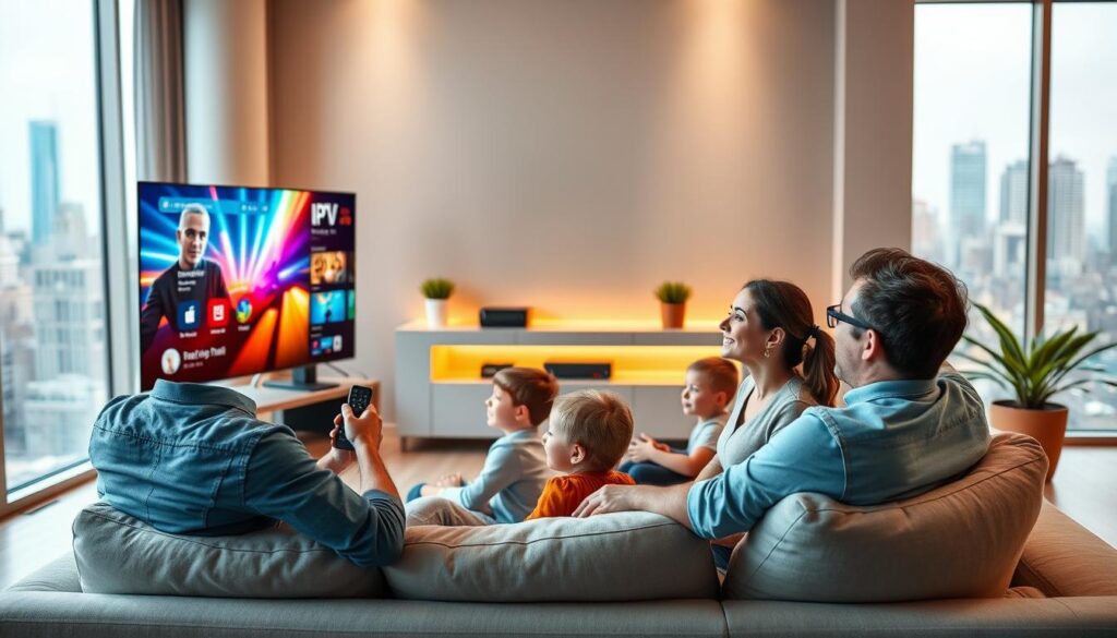 A modern living room setup showcasing a sleek smart TV displaying an IPTV interface from IPTVVUK.COM. In the foreground, a family of four is comfortably seated on a stylish sofa, engaged in watching a colorful, vibrant show together. The father uses a remote, and the mother smiles while kids are focused on the screen, all dressed in casual but neat clothing. The middle ground features a contemporary entertainment center filled with advanced tech gadgets, including a streaming device, soundbar, and decorative plants. In the background, soft ambient lighting creates a warm, inviting atmosphere, with large windows letting in natural light, blurring the city's skyline outside. The mood is relaxed and joyful, highlighting the benefits of switching from cable to IPTV. A modern living room setup showcasing a sleek smart TV displaying an IPTV interface from IPTVVUK.COM. In the foreground, a family of four is comfortably seated on a stylish sofa, engaged in watching a colorful, vibrant show together. The father uses a remote, and the mother smiles while kids are focused on the screen, all dressed in casual but neat clothing. The middle ground features a contemporary entertainment center filled with advanced tech gadgets, including a streaming device, soundbar, and decorative plants. In the background, soft ambient lighting creates a warm, inviting atmosphere, with large windows letting in natural light, blurring the city's skyline outside. The mood is relaxed and joyful, highlighting the benefits of switching from cable to IPTV.