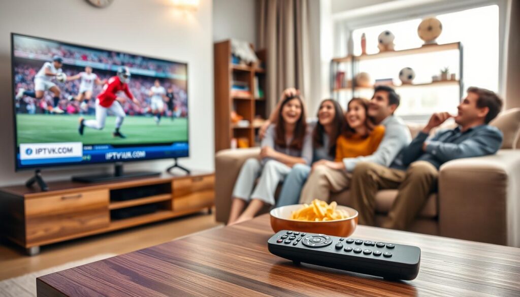 A modern living room setup showcasing an IPTV system dedicated to sports viewing. In the foreground, a sleek 55-inch television displays a vibrant sports channel, highlighting dynamic game action. On the coffee table lies a remote control labeled with "IPTVVUK.COM", along with snacks for an enjoyable viewing experience. The middle ground features a cozy sofa with a family of four, dressed in casual, modest clothing, excitedly watching the game. They express anticipation and joy, reflecting the fun of live sports. In the background, a shelf displays sports memorabilia and a window with natural light streaming in, creating a warm, inviting atmosphere. The image should have a clear, bright focus with a slight depth of field, emphasizing the family and television while maintaining a pleasant, engaging mood.