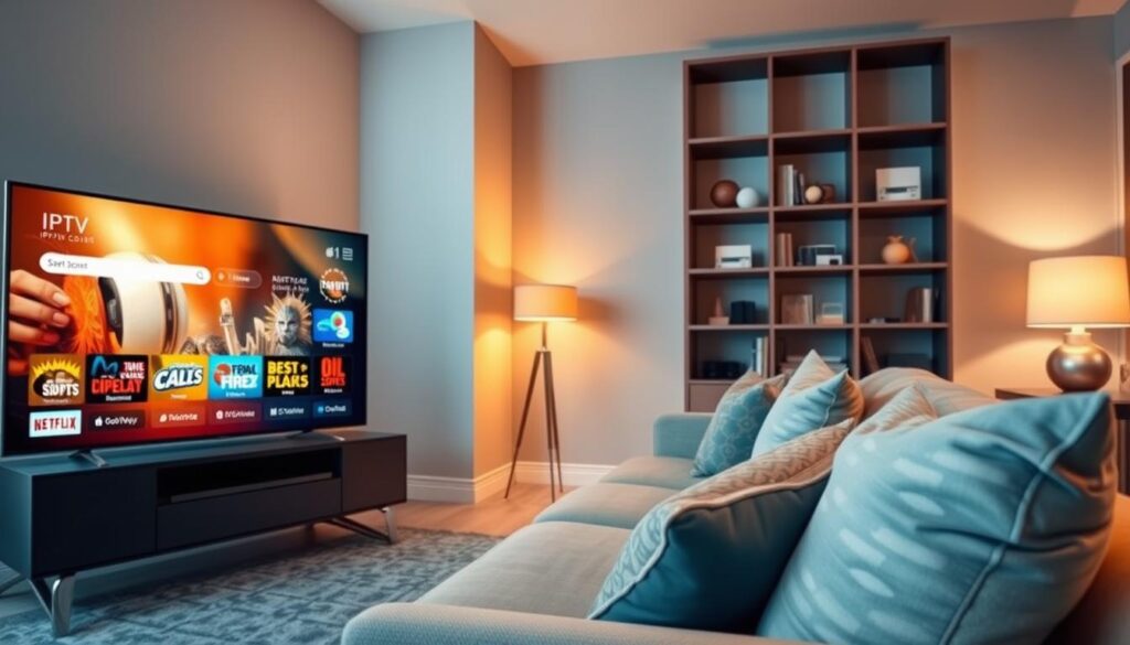 A modern living room showcasing IPTV Ontario Premium Features. In the foreground, a sleek smart TV displays a vibrant interface with streaming options highlighted, such as live sports, movies, and exclusive channels. In the middle ground, a cozy couch with elegant throw pillows invites viewers to relax. A warm lamp casts a soft glow, creating an inviting atmosphere. In the background, a stylish bookshelf holds various entertainment items, enhancing the homey feel. The lighting is bright yet warm, emphasizing the modernity of the room. Capture this scene from a slightly elevated angle, giving a panoramic view of the space. Emphasize the brand "IPTVVUK.COM" through the visual elements, ensuring a professional and polished aesthetic, suitable for promoting an innovative Canadian streaming service that offers diverse premium features, appealing to a wide audience. A modern living room showcasing IPTV Ontario Premium Features. In the foreground, a sleek smart TV displays a vibrant interface with streaming options highlighted, such as live sports, movies, and exclusive channels. In the middle ground, a cozy couch with elegant throw pillows invites viewers to relax. A warm lamp casts a soft glow, creating an inviting atmosphere. In the background, a stylish bookshelf holds various entertainment items, enhancing the homey feel. The lighting is bright yet warm, emphasizing the modernity of the room. Capture this scene from a slightly elevated angle, giving a panoramic view of the space. Emphasize the brand "IPTVVUK.COM" through the visual elements, ensuring a professional and polished aesthetic, suitable for promoting an innovative Canadian streaming service that offers diverse premium features, appealing to a wide audience.