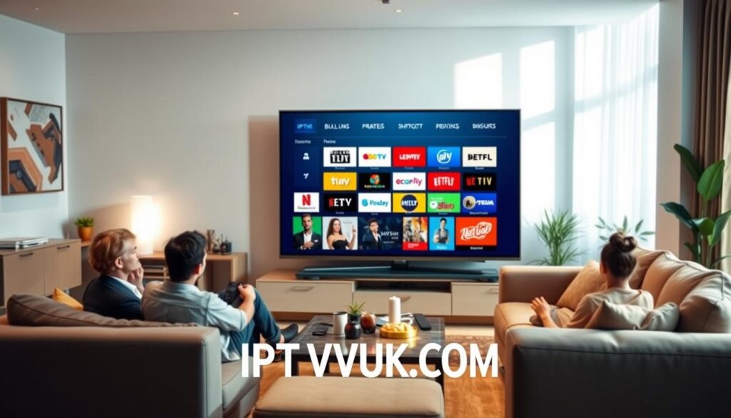 A modern living room showcasing IPTV channels on a sleek, large-screen television. In the foreground, a well-dressed family sits comfortably on a stylish couch, engrossed in a vibrant streaming interface that displays various IPTV channel icons. The middle ground features a coffee table with snacks and remote controls, enhancing the cozy viewing atmosphere. The background features a softly lit room with contemporary decor, including abstract art and plants. Natural light streams in through a window, creating a warm and inviting ambiance. The scene conveys a feeling of enjoyment and innovation, highlighting the convenience of IPTV services. Include the brand name "IPTVVUK.COM" subtly integrated into the image design. A modern living room showcasing IPTV channels on a sleek, large-screen television. In the foreground, a well-dressed family sits comfortably on a stylish couch, engrossed in a vibrant streaming interface that displays various IPTV channel icons. The middle ground features a coffee table with snacks and remote controls, enhancing the cozy viewing atmosphere. The background features a softly lit room with contemporary decor, including abstract art and plants. Natural light streams in through a window, creating a warm and inviting ambiance. The scene conveys a feeling of enjoyment and innovation, highlighting the convenience of IPTV services. Include the brand name "IPTVVUK.COM" subtly integrated into the image design.
