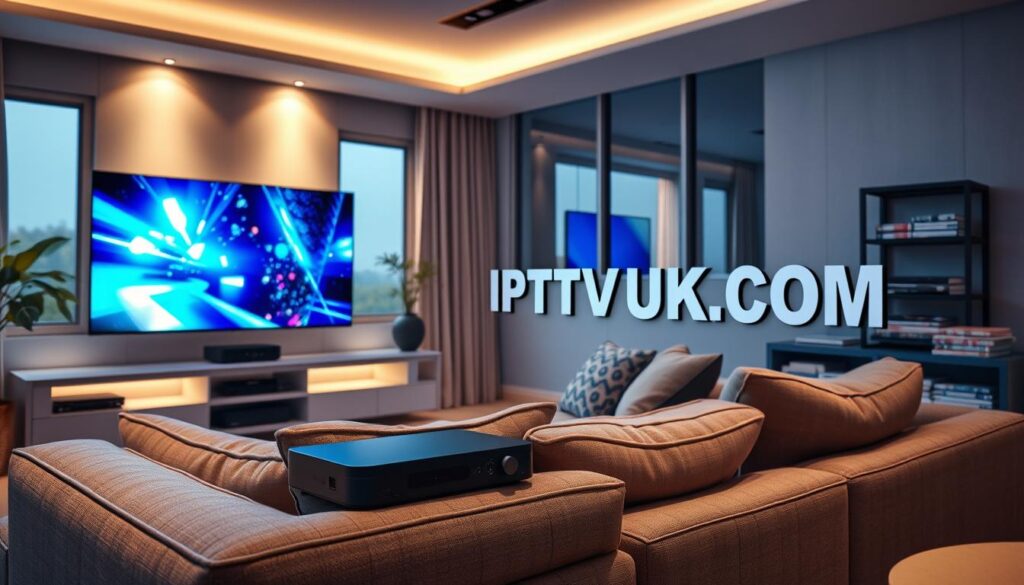 A modern living room showcasing IPTV streaming quality features prominently in the foreground, with a sleek flat-screen TV displaying vibrant, high-definition content. In the middle, a comfortable sofa adorned with decorative pillows faces the screen, creating a cozy viewing area. To the side, a stylish media console holds a streaming device and a collection of DVDs. In the background, soft ambient lighting enhances the scene, casting a warm glow, while large windows allow natural light to filter in. The overall atmosphere is inviting and relaxed, embodying the essence of home entertainment. The brand name "IPTVVUK.COM" is subtly integrated into the environment, reinforcing the IPTV theme. The camera angle is slightly elevated, capturing the entire room atmosphere while focusing on the quality of the streaming experience.