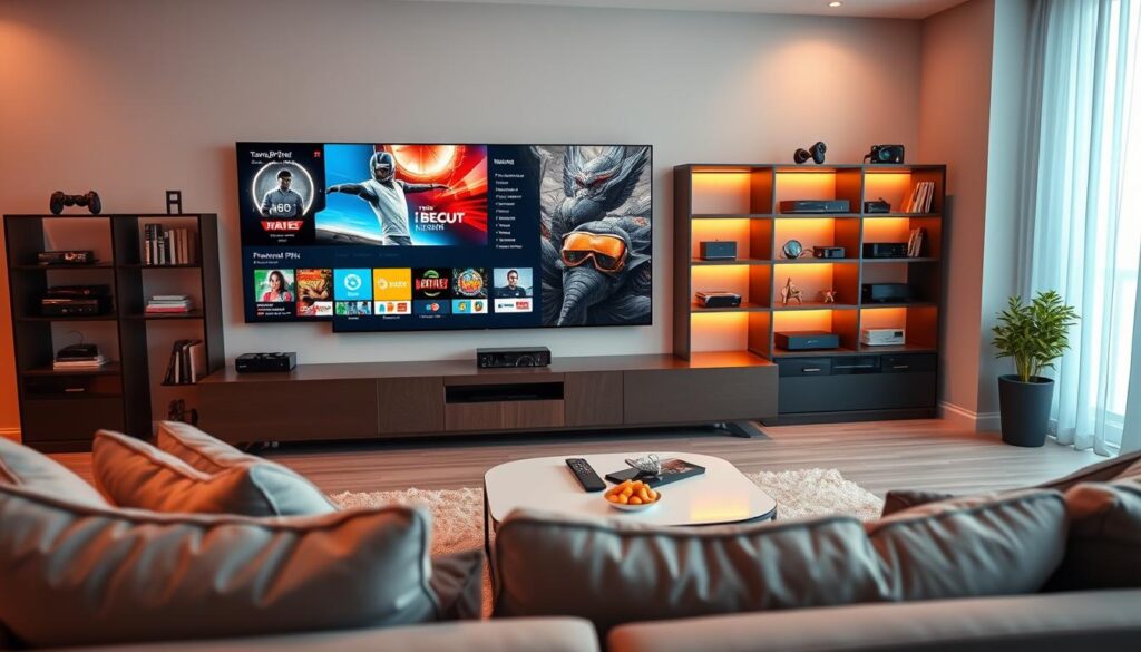A modern living room showcasing a sleek and stylish entertainment setup featuring a large, high-definition smart TV displaying vibrant on-demand IPTV content from IPTVVUK.COM. In the foreground, a comfortable couch with neatly arranged cushions invites you to relax. In the middle ground, a stylish coffee table holds a remote control and snacks, emphasizing the convenience of premium IPTV services. Soft, ambient lighting creates a cozy atmosphere, complemented by warm hues reflecting off the walls. In the background, shelves are neatly filled with various streaming devices, illustrating a tech-savvy environment. The scene exudes a sense of comfort and professionalism, highlighting the benefits of seamless and secure streaming options. The angle captures the essence of modern living with a focus on relaxation and entertainment.