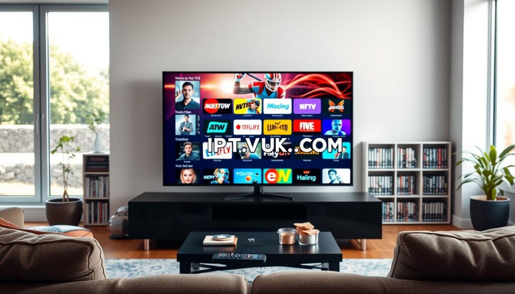 A modern living room showcasing a sleek flat-screen TV displaying various IPTV channels, like movies, sports, and news, with vibrant visuals and colorful thumbnails. In the foreground, a cozy sofa with a stylish coffee table that holds a remote control and snacks, creating a relaxed viewing atmosphere. The middle of the scene features the TV prominently, illuminated with dynamic lighting to emphasize its contents. In the background, a soft-focus view of a bookshelf lined with DVDs and a plant adds a touch of homey warmth. The room is well-lit by natural sunlight filtering through large windows, creating an inviting mood. The brand "IPTVVUK.COM" subtly integrated into the scene is displayed on the TV screen without any text overlays. A modern living room showcasing a sleek flat-screen TV displaying various IPTV channels, like movies, sports, and news, with vibrant visuals and colorful thumbnails. In the foreground, a cozy sofa with a stylish coffee table that holds a remote control and snacks, creating a relaxed viewing atmosphere. The middle of the scene features the TV prominently, illuminated with dynamic lighting to emphasize its contents. In the background, a soft-focus view of a bookshelf lined with DVDs and a plant adds a touch of homey warmth. The room is well-lit by natural sunlight filtering through large windows, creating an inviting mood. The brand "IPTVVUK.COM" subtly integrated into the scene is displayed on the TV screen without any text overlays.