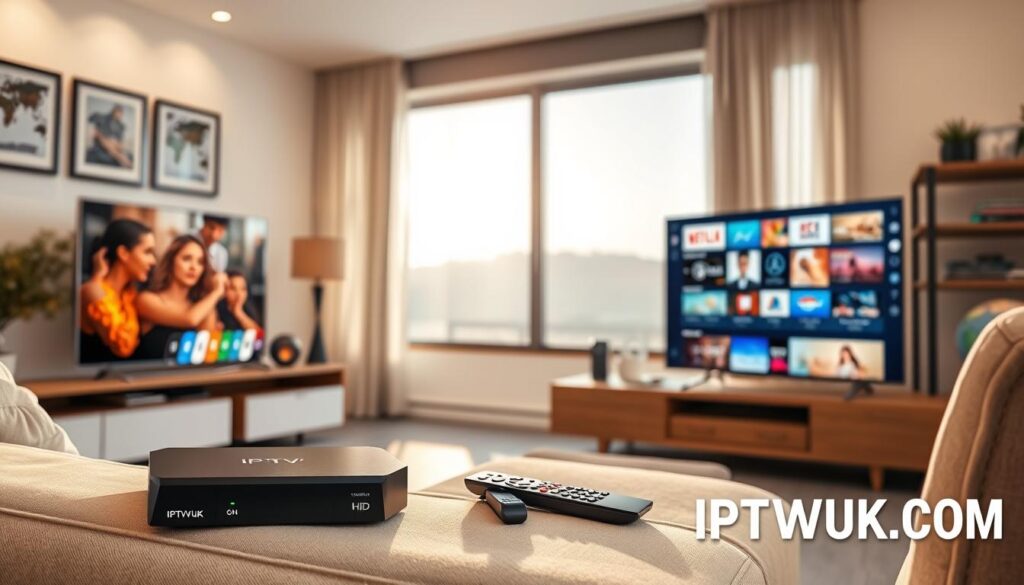A modern living room showcasing a variety of IPTV devices on a sleek entertainment unit. In the foreground, a smart TV displays vibrant international content, while beside it, a stylish IPTV set-top box and a streaming device sit gracefully. The middle ground features a comfortable sofa with a remote control placed casually, inviting viewers to experience entertainment. Soft, warm lighting enhances the inviting atmosphere, and a large window in the background reveals a sunny day outside, adding to the cheerful ambiance. The room is decorated with subtle hints of different cultures, like framed world maps and a globe. A subtle branding element with "IPTVVUK.COM" is integrated into the scene, emphasizing connectivity to international content. The composition captures a cozy, modern vibe, showcasing the benefits of IPTV in an engaging way.