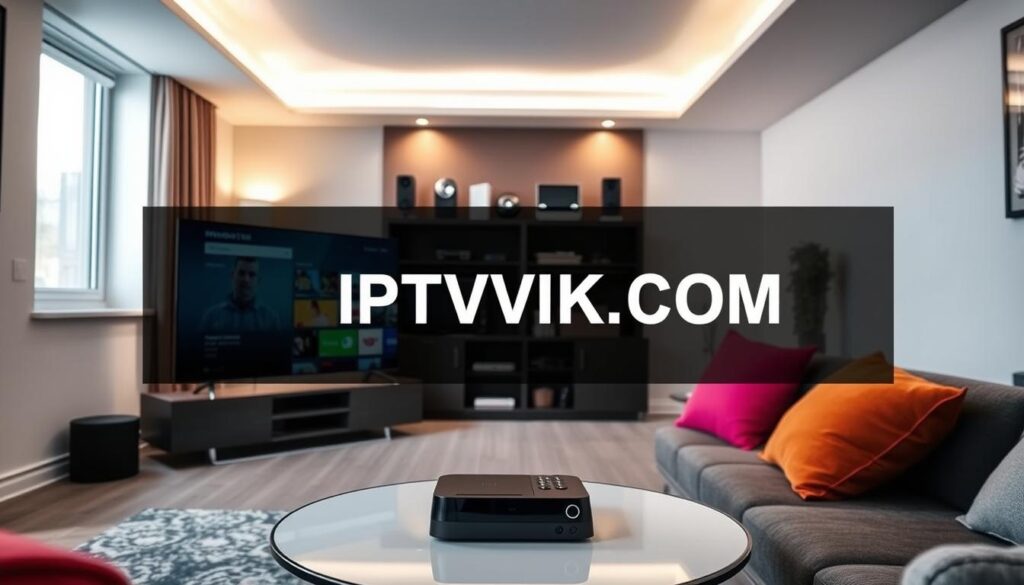 A modern living room showcasing an IPTV setup guide. In the foreground, a sleek smart TV displays an IPTV interface, surrounded by minimalistic decor. A stylish coffee table holds a remote control and a streaming device, with vibrant colored cushions in the background. The middle ground features a well-organized entertainment center with various streaming gadgets and coaxial cables neatly arranged. In the background, soft ambient lighting enhances the cozy atmosphere, while a window allows natural daylight to pour in. The room is designed for comfort and modern aesthetics. The mood is informative yet inviting, perfect for viewers interested in learning about IPTV. Subtly integrate "IPTVVUK.COM" on a digital device screen without any text overlays.