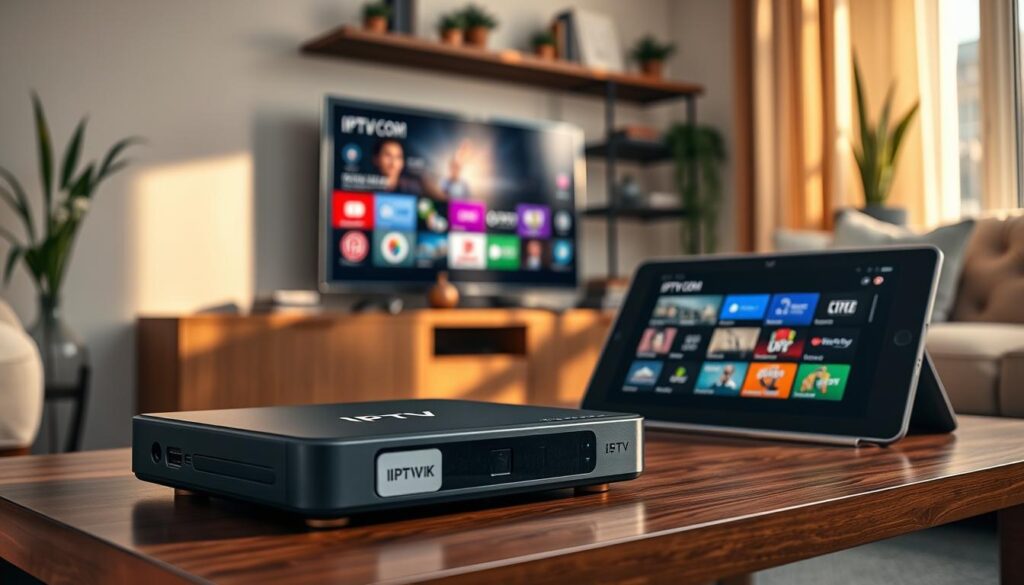 A modern living room showcasing various IPTV compatible devices, including a sleek smart TV, a digital streaming box, and a tablet, all prominently displayed on a stylish coffee table. The foreground features a close-up of the streaming box with visible ports and LED indicators, while the tablet screen shows an IPTV interface. In the middle, the smart TV displays a vibrant IPTV menu, with colorful icons of popular channels. The background includes a cozy couch and a decorative shelf with books and plants, bathed in warm, natural light from a nearby window. The atmosphere is inviting and tech-savvy, with a slight focus on intelligent home entertainment. Soft shadows created by diffused lighting enhance the tech products. The brand "IPTVVUK.COM" is subtly integrated into the scene through a device sticker, not overpowering the image.