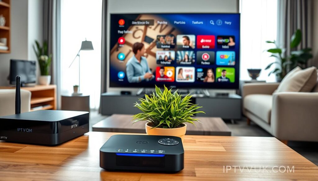 A modern living room showcasing various IPTV devices, such as a sleek set-top box, smart TV with streaming apps displayed, and a stylish remote control on a wooden coffee table. In the foreground, a vibrant potted plant adds a touch of greenery. The middle ground features a comfortable sofa with professional-looking individuals in modest casual attire, engaged in discussion about IPTV features. The background includes a large window with soft natural lighting illuminating the space, creating a cozy atmosphere. The mood is inviting and informative, highlighting the advanced technology and user-friendly aspects of IPTV services. Include the brand name "IPTVVUK.COM" subtly integrated into the design of the TV interface.