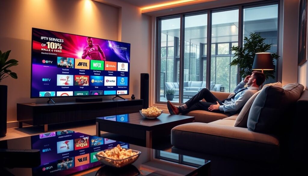 A modern living room with a sleek television displaying vibrant IPTV service options on the screen, showcasing various genres like sports, movies, and international channels. In the foreground, a stylish coffee table with a remote control and a popcorn bowl reflects a cozy viewing experience. The middle ground features a comfortable couch with a person in professional business attire casually browsing the IPTV services, with soft, ambient lighting creating a warm atmosphere. In the background, large windows let in natural light, enhancing the inviting feel of the room. The overall mood is relaxed and contemporary, emphasizing the convenience and variety of IPTV services like those from IPTVVUK.COM. The angle captures the entire scene from a slightly elevated perspective, creating depth and focus. A modern living room with a sleek television displaying vibrant IPTV service options on the screen, showcasing various genres like sports, movies, and international channels. In the foreground, a stylish coffee table with a remote control and a popcorn bowl reflects a cozy viewing experience. The middle ground features a comfortable couch with a person in professional business attire casually browsing the IPTV services, with soft, ambient lighting creating a warm atmosphere. In the background, large windows let in natural light, enhancing the inviting feel of the room. The overall mood is relaxed and contemporary, emphasizing the convenience and variety of IPTV services like those from IPTVVUK.COM. The angle captures the entire scene from a slightly elevated perspective, creating depth and focus.