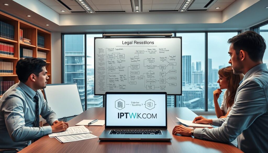A modern office environment depicting a professional meeting focusing on legal considerations for IPTV resellers. In the foreground, a diverse group of three professionals—two men and a woman—dressed in business attire, are engaged in discussion around a conference table with documents and a laptop open, showcasing graphs and legal texts. The middle layer features a large whiteboard filled with flowcharts and key legal points related to IPTV reselling, illuminated by soft, diffused overhead lighting that creates an inviting atmosphere. In the background, bookshelves filled with legal texts and a large window offering a view of a city skyline during the day adds context and depth to the scene. The branding "IPTVVUK.COM" subtly displayed on the laptop screen to reinforce the subject.