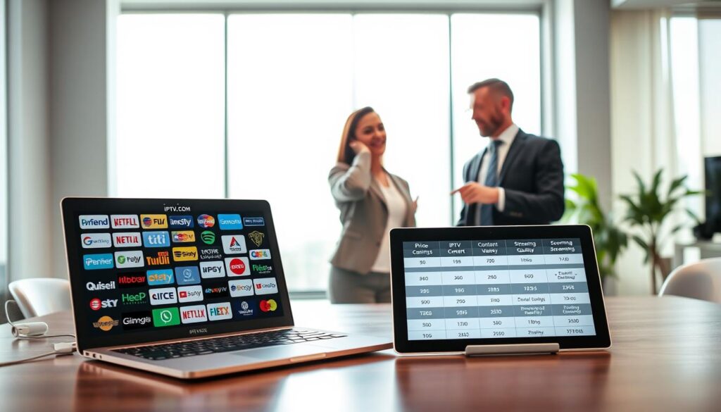 A modern office environment showcasing a comparison of IPTV services. In the foreground, a sleek desk with a high-resolution laptop displaying a visually engaging chart with various IPTV service logos. Nearby, a tablet shows a comparison table with features like pricing, content variety, and streaming quality. In the middle ground, two professionals in business attire are engaged in discussion, pointing at the laptop screen. The background features a large window with natural light streaming in, illuminating the entire scene and creating a bright, welcoming atmosphere. The overall mood is analytical and informative, suitable for decision-making. Incorporate a subtle presence of the brand name "IPTVVUK.COM" in the design of the charts.