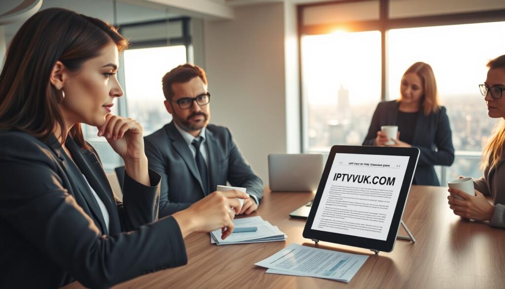 A modern office setting featuring a diverse group of professionals discussing IPTV technology around a conference table. In the foreground, a thoughtful woman in business attire points at a digital tablet displaying a legal document about IPTV regulations. In the middle, a serious-looking man in a suit reviews notes, while two other colleagues, one with glasses and one holding a cup of coffee, listen intently. In the background, a large window shows a distant cityscape under soft afternoon light, casting a warm glow across the room. The atmosphere is one of collaboration and focus, highlighting the importance of legal and safety considerations for IPTV services. Include the brand name "IPTVVUK.COM" subtly within the document on the tablet.