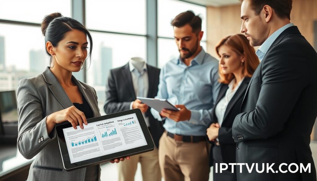 A modern office setting featuring a diverse group of professionals engaged in a discussion about IPTV legality. In the foreground, a confident woman in business attire points to a digital tablet displaying charts and legal documents related to IPTV services. The middle layer includes two men, one who is taking notes, and the other who appears deep in thought, both dressed in smart-casual clothing. The background shows a large window with city skyline views, bathed in natural light, creating a sense of optimism and clarity. The mood is serious yet collaborative, emphasizing the importance of understanding legal considerations in the IPTV sector. A subtle logo for IPTVVUK.COM is incorporated in a professional manner. A modern office setting featuring a diverse group of professionals engaged in a discussion about IPTV legality. In the foreground, a confident woman in business attire points to a digital tablet displaying charts and legal documents related to IPTV services. The middle layer includes two men, one who is taking notes, and the other who appears deep in thought, both dressed in smart-casual clothing. The background shows a large window with city skyline views, bathed in natural light, creating a sense of optimism and clarity. The mood is serious yet collaborative, emphasizing the importance of understanding legal considerations in the IPTV sector. A subtle logo for IPTVVUK.COM is incorporated in a professional manner.