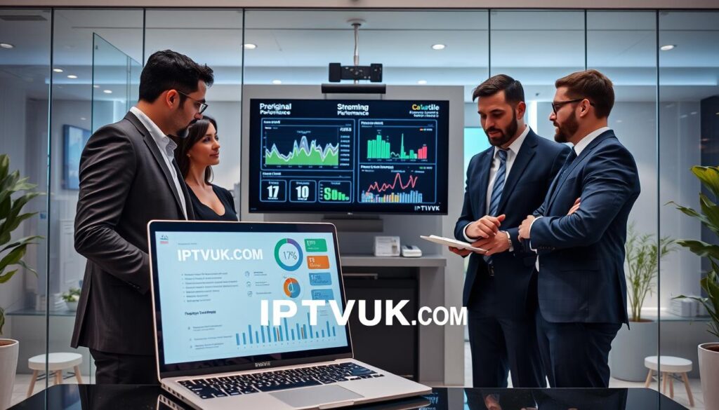 A modern office setting showcasing IPTV testing methodology. In the foreground, a diverse group of three professionals in smart business attire collaborate over a high-tech laptop displaying performance metrics and data analysis. In the middle, a large screen mounted on the wall shows IPTV signal quality graphs and streaming performance charts, surrounded by notes and testing equipment. The background features a sleek, contemporary workspace with glass walls, soft ambient lighting, and plants for a touch of nature. The atmosphere is focused and energetic, with a sense of teamwork and innovation. The brand name "IPTVVUK.COM" prominently displayed on the laptop screen. The perspective is a slightly angled view, emphasizing the dynamic exchange of ideas. A modern office setting showcasing IPTV testing methodology. In the foreground, a diverse group of three professionals in smart business attire collaborate over a high-tech laptop displaying performance metrics and data analysis. In the middle, a large screen mounted on the wall shows IPTV signal quality graphs and streaming performance charts, surrounded by notes and testing equipment. The background features a sleek, contemporary workspace with glass walls, soft ambient lighting, and plants for a touch of nature. The atmosphere is focused and energetic, with a sense of teamwork and innovation. The brand name "IPTVVUK.COM" prominently displayed on the laptop screen. The perspective is a slightly angled view, emphasizing the dynamic exchange of ideas.