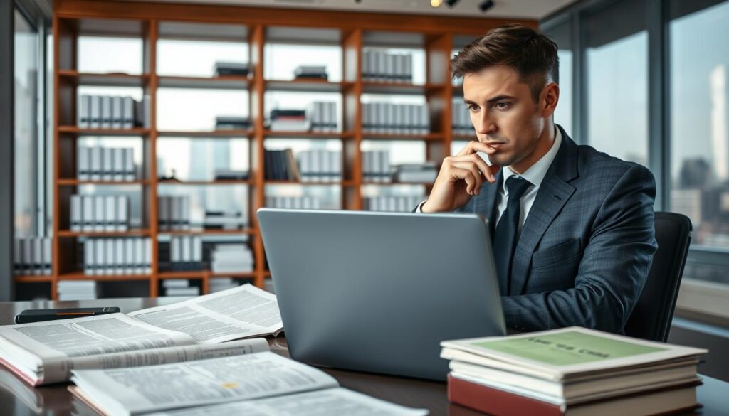 A modern office setting with a professional individual in business attire, thoughtfully analyzing legal documents related to IPTV services in Canada. In the foreground, a cluttered desk features a laptop displaying the brand name "IPTVVUK.COM," legal books on telecommunications, and highlighted sections about copyright laws. The middle area showcases shelves lined with legal literature and regulatory guidelines. The background reveals a large window with a city skyline view, with soft natural light illuminating the scene, casting gentle shadows. The overall atmosphere conveys seriousness and professionalism, emphasizing the importance of legal considerations in IPTV services. The lens is set for a slightly wide-angle shot to capture the entire scene, reinforcing the urgency and significance of the topic.