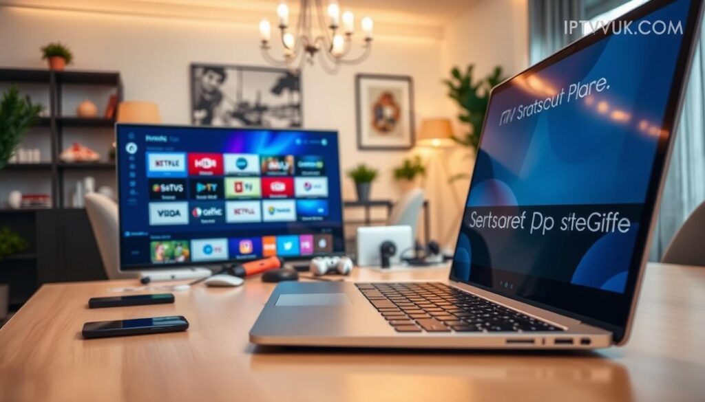 A modern, professional workspace featuring a close-up of a computer screen displaying the IPTV Smarters Pro App interface. In the foreground, a sleek laptop is open, showcasing vivid graphics of the IPTV Smarters Pro App, with colorful icons representing various channels. The middle ground has a contemporary desk cluttered with tech gadgets like a smartphone and a remote control, hinting at a user-friendly setup process. In the background, a tastefully decorated room with soft, warm lighting creates an inviting atmosphere, highlighting the functionality of the app. A hint of IPTVVUK.COM branding is subtly integrated into the workspace. The overall mood is optimistic and focused on technology, ideal for a step-by-step setup guide. A modern, professional workspace featuring a close-up of a computer screen displaying the IPTV Smarters Pro App interface. In the foreground, a sleek laptop is open, showcasing vivid graphics of the IPTV Smarters Pro App, with colorful icons representing various channels. The middle ground has a contemporary desk cluttered with tech gadgets like a smartphone and a remote control, hinting at a user-friendly setup process. In the background, a tastefully decorated room with soft, warm lighting creates an inviting atmosphere, highlighting the functionality of the app. A hint of IPTVVUK.COM branding is subtly integrated into the workspace. The overall mood is optimistic and focused on technology, ideal for a step-by-step setup guide.