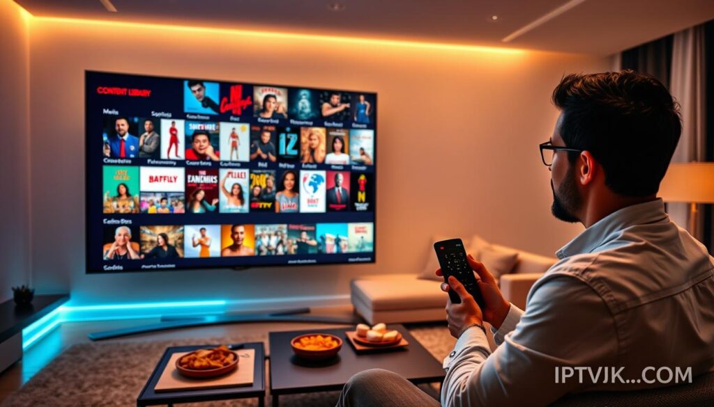 A modern, sleek IPTV content library interface displayed on a high-resolution screen, showcasing a diverse array of colorful thumbnail images representing various genres such as movies, sports, documentaries, and international shows. In the foreground, a user is thoughtfully browsing the library, dressed in smart casual attire, with a remote control in hand. The middle ground features stylish furniture like a cozy couch and a coffee table with snacks, creating an inviting atmosphere. In the background, a minimalist living room design with soft LED mood lighting enhances the comfortable setting. A sense of anticipation and excitement fills the space, capturing the essence of choosing the best IPTV provider. The scene is illuminated with warm lighting, depicted from a slightly elevated angle to capture the depth of the environment, while incorporating the brand name "IPTVVUK.COM" subtly integrated into the interface design. A modern, sleek IPTV content library interface displayed on a high-resolution screen, showcasing a diverse array of colorful thumbnail images representing various genres such as movies, sports, documentaries, and international shows. In the foreground, a user is thoughtfully browsing the library, dressed in smart casual attire, with a remote control in hand. The middle ground features stylish furniture like a cozy couch and a coffee table with snacks, creating an inviting atmosphere. In the background, a minimalist living room design with soft LED mood lighting enhances the comfortable setting. A sense of anticipation and excitement fills the space, capturing the essence of choosing the best IPTV provider. The scene is illuminated with warm lighting, depicted from a slightly elevated angle to capture the depth of the environment, while incorporating the brand name "IPTVVUK.COM" subtly integrated into the interface design.