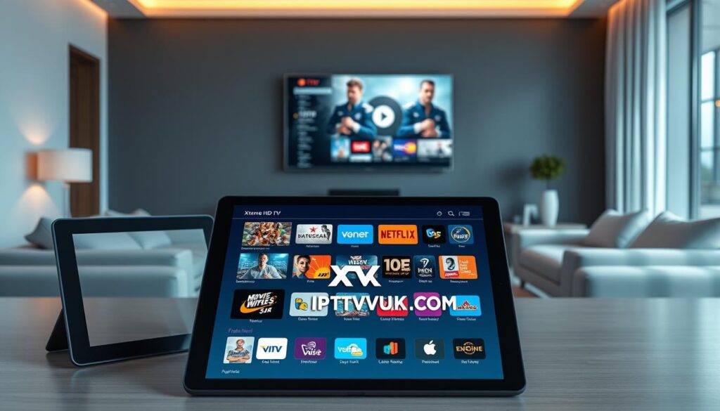 A modern, sleek digital workspace showcasing the features of "Xtreme HD IPTV". In the foreground, a high-resolution tablet displays a vibrant interface with an array of streaming channels, live sports, and movies. The middle ground features a stylish TV mounted on a wall, subtly illuminated by soft, warm lighting, displaying a selection of popular shows. The background is a contemporary living room setting with minimalist furniture and decor, reinforcing the theme of cutting-edge technology. Use a wide-angle lens effect to capture the spaciousness of the room. The overall mood is inviting and contemporary, suggesting convenience and premium entertainment. Incorporate the brand logo "IPTVVUK.COM" subtly within the device's interface.