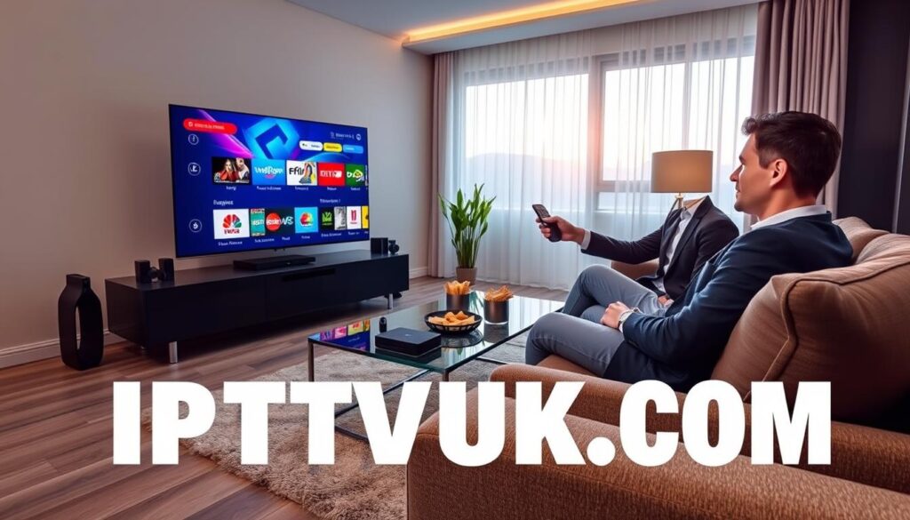 A modern, sleek living room setting designed for comfortable media consumption, emphasizing the benefits of GSE Smart IPTV. In the foreground, a high-definition smart TV displays the IPTV interface with vibrant graphics showcasing various channel options. A person in smart casual attire is seated on a stylish couch, intently using a remote control, with enthusiasm on their face. The middle layer features a coffee table adorned with streaming devices and snacks, creating a welcoming atmosphere. The background includes a large window with soft natural light filtering in, casting warm highlights across the room. The mood is relaxed yet engaging, suggesting enjoyment and convenience. The brand name “IPTVVUK.COM” is subtly integrated into the scene, emphasizing a modern entertainment experience.