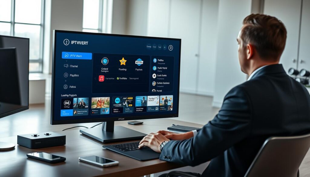 A modern, sleek workspace featuring a large, high-resolution monitor displaying a user-friendly interface for IPTV playlist management. In the foreground, a professional in business attire is focused on the screen, interacting with digital icons representing various channels and playlists. The middle ground showcases a stylish desk cluttered with a few tech gadgets and a smartphone. The background includes a soft-focus view of a minimalist office space with bright, natural lighting streaming through large windows. The overall atmosphere is one of efficiency and modern technology, evoking a sense of innovation in media consumption. Include subtle branding elements of "IPTVVUK.COM" in a tasteful manner on the monitor interface. A modern, sleek workspace featuring a large, high-resolution monitor displaying a user-friendly interface for IPTV playlist management. In the foreground, a professional in business attire is focused on the screen, interacting with digital icons representing various channels and playlists. The middle ground showcases a stylish desk cluttered with a few tech gadgets and a smartphone. The background includes a soft-focus view of a minimalist office space with bright, natural lighting streaming through large windows. The overall atmosphere is one of efficiency and modern technology, evoking a sense of innovation in media consumption. Include subtle branding elements of "IPTVVUK.COM" in a tasteful manner on the monitor interface.
