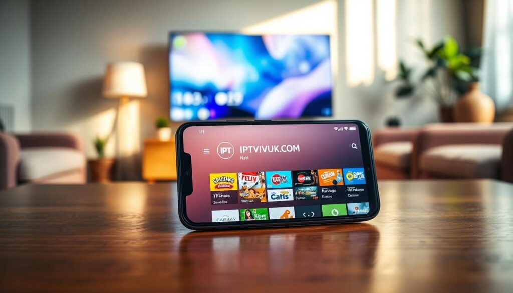 A modern smartphone displaying an IPTV app interface, set against a stylish wooden table in a cozy living room. The phone is centered in the foreground, casting soft reflections on the polished surface. In the middle, an abstract background showcases a softly blurred TV screen, suggesting a home entertainment atmosphere. Warm, natural lighting filters in through a nearby window, creating an inviting ambiance. The smartphone screen prominently shows the logo "IPTVVUK.COM" and vibrant TV channel options, capturing the essence of mobile streaming. The scene is completed with a potted plant and comfortable seating in the background, enhancing the relaxed environment of cord-cutting enthusiasts enjoying their favorite content on the go. The image evokes a sense of convenience and modern lifestyle, ideal for those interested in setting up IPTV on their phones. A modern smartphone displaying an IPTV app interface, set against a stylish wooden table in a cozy living room. The phone is centered in the foreground, casting soft reflections on the polished surface. In the middle, an abstract background showcases a softly blurred TV screen, suggesting a home entertainment atmosphere. Warm, natural lighting filters in through a nearby window, creating an inviting ambiance. The smartphone screen prominently shows the logo "IPTVVUK.COM" and vibrant TV channel options, capturing the essence of mobile streaming. The scene is completed with a potted plant and comfortable seating in the background, enhancing the relaxed environment of cord-cutting enthusiasts enjoying their favorite content on the go. The image evokes a sense of convenience and modern lifestyle, ideal for those interested in setting up IPTV on their phones.