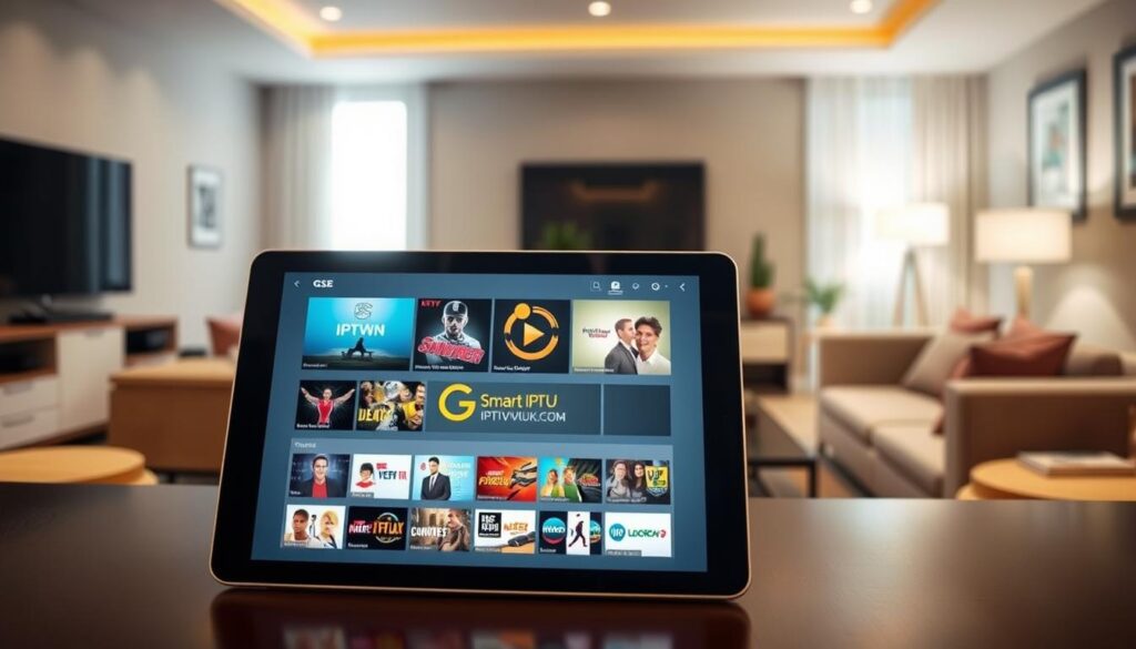 A modern user interface of the GSE Smart IPTV Pro app, displayed on a sleek tablet screen in the foreground. The screen showcases vibrant thumbnails of various TV channels and streaming options, highlighting the app's user-friendly design. In the middle ground, a stylish, well-lit home environment with a contemporary coffee table and smart device setup, conveying a relaxed viewing atmosphere. The background features a tastefully arranged living room with soft lighting, creating a warm and inviting ambiance. A subtle reflection on the tablet screen adds depth, while a slight lens flare enhances the modern feel. Ensure the brand logo "IPTVVUK.COM" is visible on the interface. The overall mood is sophisticated and engaging, emphasizing the seamless user experience of the GSE Smart IPTV Pro application. A modern user interface of the GSE Smart IPTV Pro app, displayed on a sleek tablet screen in the foreground. The screen showcases vibrant thumbnails of various TV channels and streaming options, highlighting the app's user-friendly design. In the middle ground, a stylish, well-lit home environment with a contemporary coffee table and smart device setup, conveying a relaxed viewing atmosphere. The background features a tastefully arranged living room with soft lighting, creating a warm and inviting ambiance. A subtle reflection on the tablet screen adds depth, while a slight lens flare enhances the modern feel. Ensure the brand logo "IPTVVUK.COM" is visible on the interface. The overall mood is sophisticated and engaging, emphasizing the seamless user experience of the GSE Smart IPTV Pro application.
