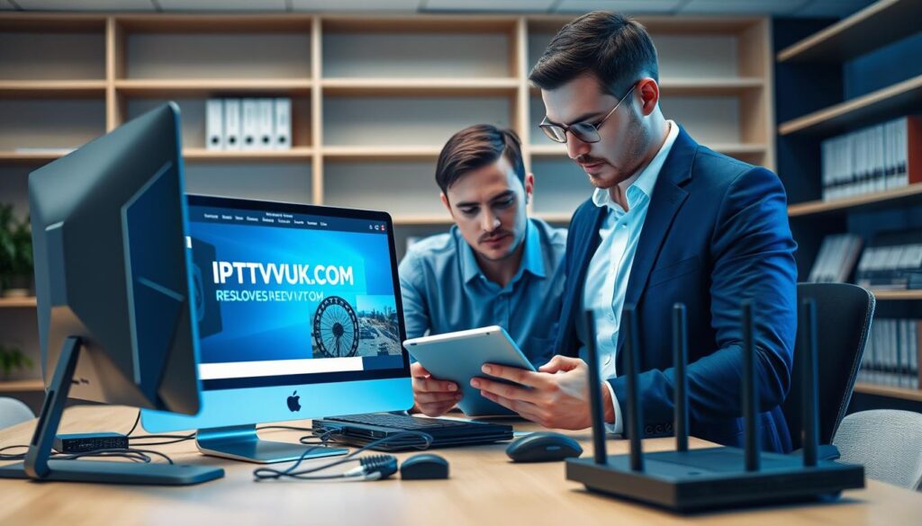 A modern, well-organized office environment serves as the backdrop, with a sleek computer workstation at the forefront displaying the IPTVVUK.COM website on the screen. In the middle, a focused professional wearing smart casual attire is troubleshooting issues, using a tablet while taking notes. Tools like a networking setup with cables and a router can be seen on the desk. The lighting is bright yet soft, emphasizing clarity and concentration, with a slight blue tint highlighting the technology aspect. In the background, shelves lined with tech manuals add depth, creating a productive atmosphere that reflects the theme of resolving common IPTV problems.