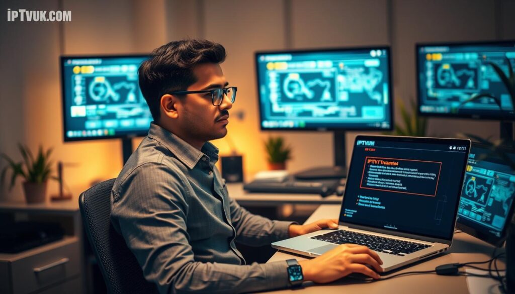 A modern workspace scene depicting a person troubleshooting IPTV streaming issues. In the foreground, a focused individual of South Asian descent, dressed in smart casual attire, is seated at a sleek desk with multiple monitors showcasing streaming interfaces and technical diagrams. The middle ground features technical equipment like a router, various cables, and a laptop displaying error messages related to IPTV services. The background is softly blurred, hinting at a cozy home office environment with warm lighting and a few potted plants. The overall mood is one of concentration and problem-solving, evoking a sense of urgency but also hopefulness. The image subtly incorporates the brand name "IPTVVUK.COM" within the workspace elements, suggesting a professional atmosphere centered around IPTV troubleshooting.