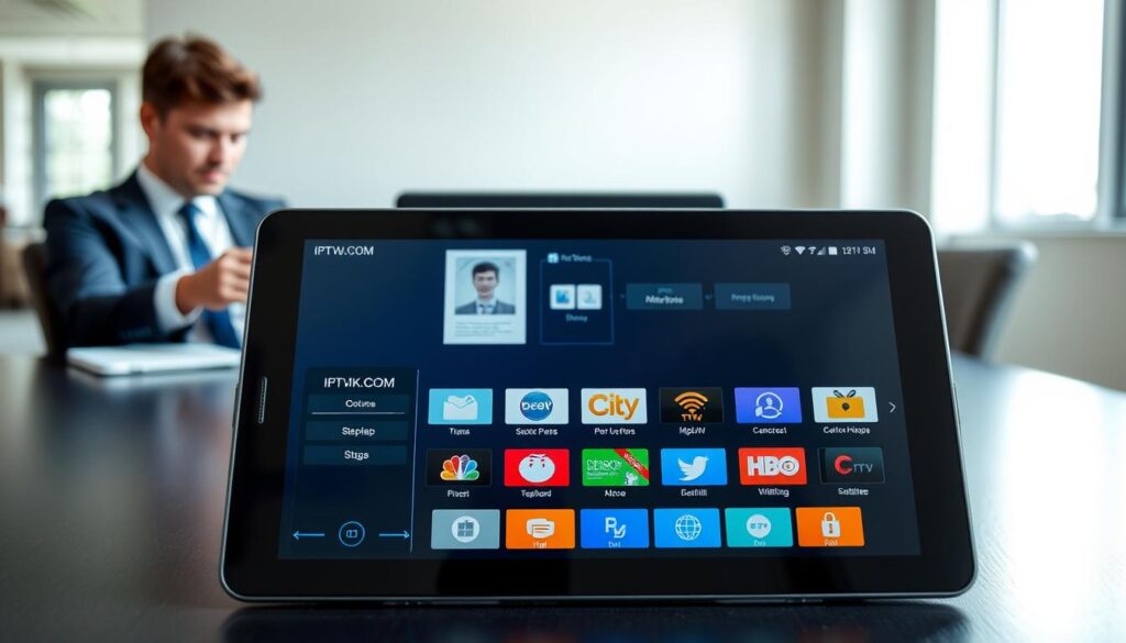 A neatly arranged workspace depicting the setup of an IPTV player on an Android device. In the foreground, a modern tablet displays the IPTVVUK.COM interface, with vibrant icons and a sleek design. To the left, an individual in professional business attire adjusts the settings on the tablet, displaying focused concentration. The middle layer includes a laptop showcasing a step-by-step guide on connecting the IPTV player, with diagrams visible. In the background, a bright office environment is enhanced with natural light filtering through a window. The overall atmosphere conveys a sense of professionalism and clarity, ideal for those looking to set up their IPTV players efficiently. Capture this scene with a soft focus, highlighting the technology while maintaining a clean and organized look.