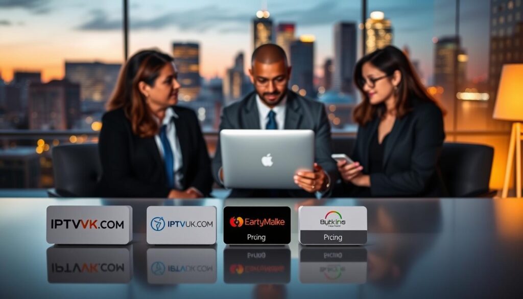 A professional and informative comparison of IPTV providers in Edmonton, showcasing various streaming options. In the foreground, a sleek table displays three distinct IPTV service logos, including "IPTVVUK.COM," alongside their icons to represent pricing tiers. In the middle ground, a diverse group of three people in professional business attire observes the comparison, with a laptop open as they discuss features and pricing. The background features a softly blurred skyline of Edmonton, with modern buildings illuminated by warm evening light, creating a cozy and engaging atmosphere. The overall mood is analytical yet approachable, emphasizing clarity and professionalism in the IPTV industry. The image should have balanced lighting to highlight the subjects and details without harsh shadows or distractions.