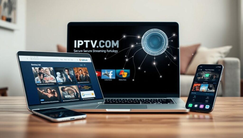 A professional and inviting image illustrating the theme of "IPTV subscription Kijiji." In the foreground, showcase a sleek laptop open to a vibrant IPTVVUK.COM website displaying streaming options. Next to it, a modern smartphone highlights an app with streaming content, all set on a wooden table. In the middle ground, include a stylized, abstract depiction of a digital network visual, representing secure streaming technology, with smooth lines and glowing effects. The background features a cozy living room scene with a comfortable sofa and a softly glowing television, creating a warm, inviting atmosphere. Use soft, natural lighting to enhance a sense of reliability and comfort, captured from a slightly elevated angle to provide depth. Aim for a professional and approachable mood that conveys security and ease of access to IPTV services.