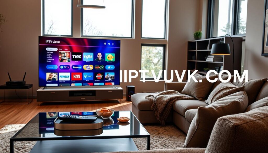 A professional and modern living room showcasing IPTV services in Canada, featuring a sleek smart TV displaying a vibrant interface filled with popular streaming channels. In the foreground, a stylish coffee table adorned with a remote control and snacks sets a casual yet sophisticated atmosphere. In the middle, a comfortable sofa with plush cushions invites relaxation, while a cozy blanket adds warmth. The background features large windows with natural light streaming in, illuminating the space and enhancing the warm colors of the room. Subtle technology accents, such as a high-speed internet router and a streaming device, are visible. The overall mood is inviting and contemporary, reflecting a relaxed viewing experience. Include the brand name "IPTVVUK.COM" in a subtle and elegant way within the room's decor elements.