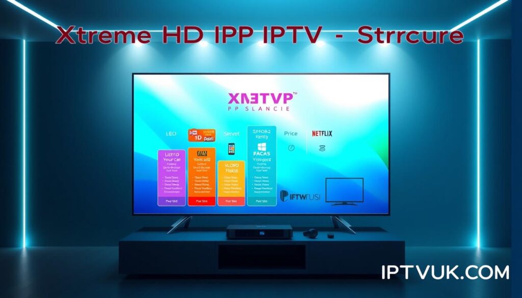 A professional and sleek digital illustration depicting the "Xtreme HD IPTV Pricing Structure." In the foreground, show a stylized infographic design with colorful tiered pricing options arranged in a visually appealing manner. The middle section should include icons representing various media devices like TVs, streaming boxes, and smartphones to symbolize multiple viewing options. In the background, a soft gradient showcasing vibrant blues and greens creates a modern, tech-savvy atmosphere. Ensure the lighting is bright and engaging, giving the impression of a digital space filled with energy. The overall mood should radiate professionalism and clarity, inviting viewers to consider the value of IPTV services. Include the brand name "IPTVVUK.COM" subtly integrated into the design without text overlays.