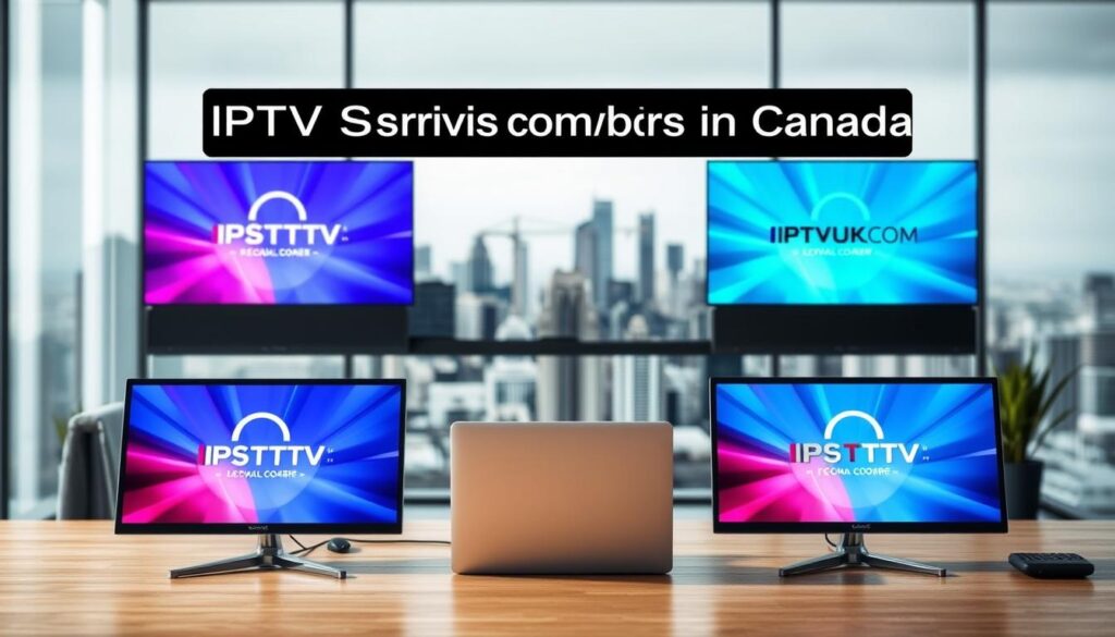 A professional comparison graphic showcasing IPTV services in Canada. In the foreground, display three distinct screens with vibrant streaming interfaces, each labeled with different IPTV service logos, including "IPTVVUK.COM". The middle layer should depict a sleek, modern workspace with a laptop and analytical charts, hinting at the evaluation process. The background features a subtle cityscape, representing a tech-savvy environment. Use bright, inviting lighting to convey a sense of innovation and reliability. The angle is slightly elevated to provide an overview of the comparison, fostering a mood of clarity and professionalism, ideal for an informative article about streaming services.