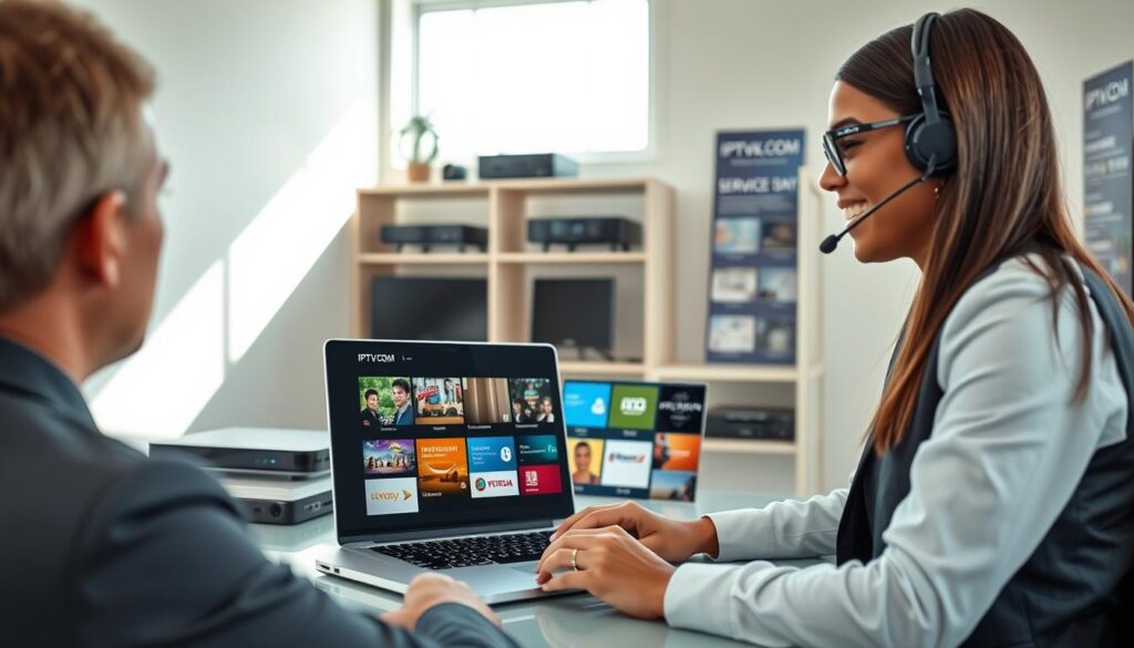 A professional customer support representative assisting a client with IPTV services. In the foreground, a diverse individual in business attire, sitting at a sleek desk with a laptop and headset. The middle ground features an open laptop displaying a user-friendly IPTV interface with vibrant channel icons. In the background, a clean, modern office space with shelves holding IPTV devices and promotional materials for IPTVVUK.COM. Soft, natural lighting streams through a window, creating a warm atmosphere. The angle is slightly tilted from above, capturing an engaging interaction, conveying professionalism and efficiency. The overall mood should reflect trust, clarity, and a customer-focused approach.