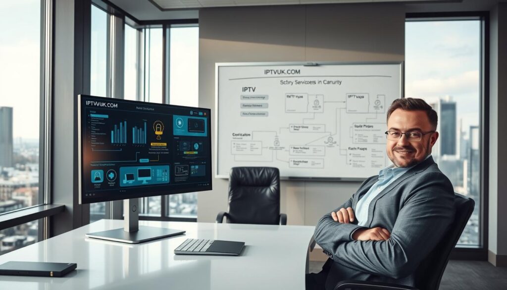 A professional office environment focused on IPTV security. In the foreground, a confident business person in professional attire sits at a sleek desk with dual monitors displaying network security analytics related to IPTV services. The middle of the scene features a modern whiteboard filled with flowcharts and diagrams illustrating IPTV encryption and legal compliance strategies. In the background, large windows bathe the room in soft, natural light, offering a view of a city skyline. The atmosphere is serious yet optimistic, emphasizing the importance of secure and legal IPTV use in Canada. The brand name "IPTVVUK.COM" is subtly integrated into the design of one of the monitors. The image is captured from an eye-level angle, ensuring a professional and engaging composition. A professional office environment focused on IPTV security. In the foreground, a confident business person in professional attire sits at a sleek desk with dual monitors displaying network security analytics related to IPTV services. The middle of the scene features a modern whiteboard filled with flowcharts and diagrams illustrating IPTV encryption and legal compliance strategies. In the background, large windows bathe the room in soft, natural light, offering a view of a city skyline. The atmosphere is serious yet optimistic, emphasizing the importance of secure and legal IPTV use in Canada. The brand name "IPTVVUK.COM" is subtly integrated into the design of one of the monitors. The image is captured from an eye-level angle, ensuring a professional and engaging composition.