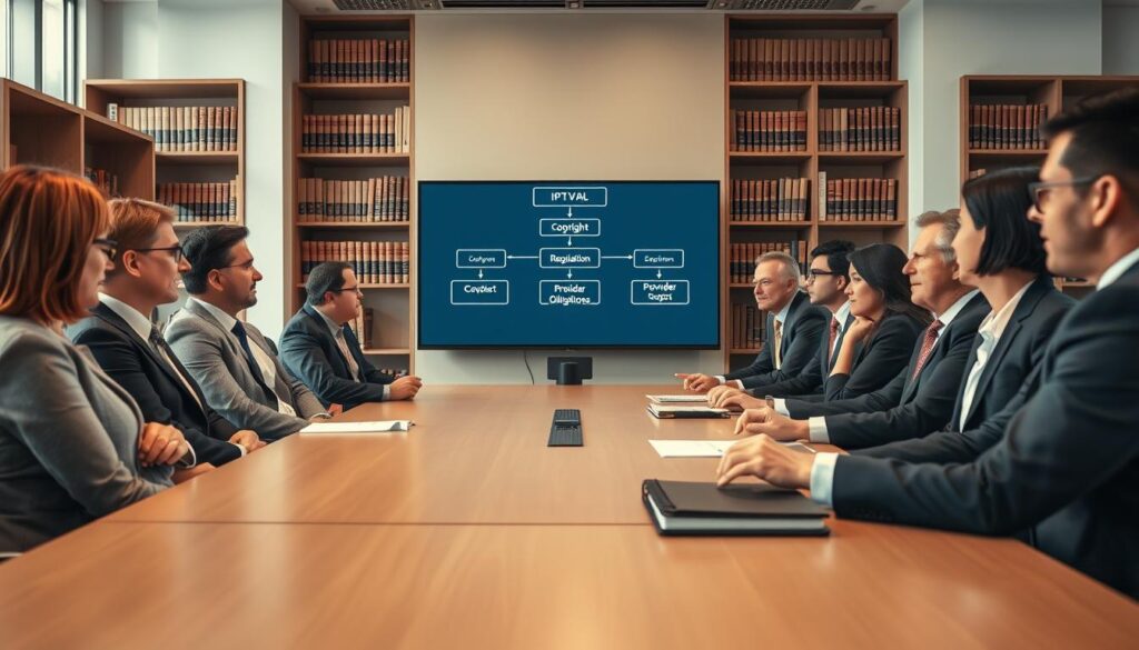 A professional office setting, featuring a sleek conference table in the foreground, with a diverse group of business professionals in smart business attire, discussing legal documents related to IPTV regulation in Canada. In the middle ground, a large screen displays a simplified flowchart of IPTV legal considerations, including terms like "Copyright," "Regulation," and "Provider Obligations." The background contains bookshelves filled with legal books and resources, emphasizing the serious nature of the discussion. Soft, natural lighting floods the room, creating a focused yet collaborative atmosphere. Use a wide-angle lens for a spacious view, capturing the engaged expressions of the participants. Include the brand name "IPTVVUK.COM" subtly displayed on a notebook on the table.