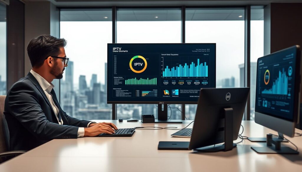 A professional office setting with a sleek, modern desk in the foreground, where a business professional in smart attire is closely analyzing multiple screens displaying security feeds and IPTV graphics. The middle area features a large, high-resolution monitor showcasing an IPTV dashboard with graphs illustrating data encryption and user privacy features. The background includes a city skyline visible through large windows, indicating a tech-savvy environment. Soft, ambient lighting creates a focused and serious atmosphere, complemented by a slightly blurred depth of field that emphasizes the subject and the monitors. Add the logo "IPTVVUK.COM" subtly in the corner of one screen, ensuring it does not dominate the image.