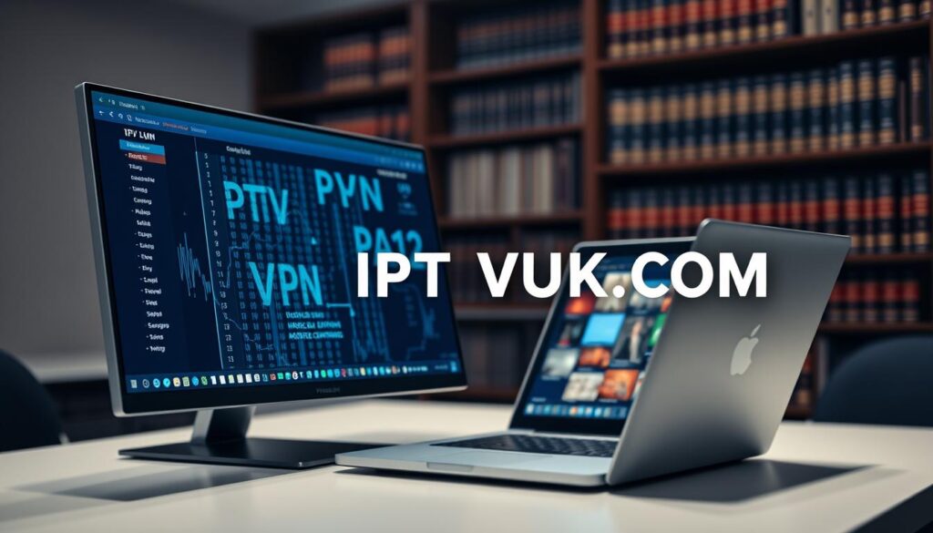 A professional setting depicting a sleek desktop workspace focused on VPN usage for IPTV. Foreground: a high-resolution display showcasing a VPN interface with data streams, emphasizing privacy and security. Middle ground: an elegant laptop open, displaying IPTV channels, with a clean and modern design. Background: a blurred bookshelf filled with legal books, hinting at the legal considerations of IPTV. Soft, ambient lighting creates a calm, focused atmosphere. Angle captures a slight overhead view, enhancing the sense of professionalism. The brand "IPTVVUK.COM" subtly integrated into the design as part of the screen interface, reinforcing the subject of IPTV services. Colors should be balanced and inviting, with a mix of dark blues and soft whites to indicate technology and reliability. A professional setting depicting a sleek desktop workspace focused on VPN usage for IPTV. Foreground: a high-resolution display showcasing a VPN interface with data streams, emphasizing privacy and security. Middle ground: an elegant laptop open, displaying IPTV channels, with a clean and modern design. Background: a blurred bookshelf filled with legal books, hinting at the legal considerations of IPTV. Soft, ambient lighting creates a calm, focused atmosphere. Angle captures a slight overhead view, enhancing the sense of professionalism. The brand "IPTVVUK.COM" subtly integrated into the design as part of the screen interface, reinforcing the subject of IPTV services. Colors should be balanced and inviting, with a mix of dark blues and soft whites to indicate technology and reliability.
