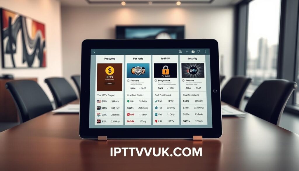 A professional setting highlighting a comparison of IPTV streaming services. In the foreground, a sleek digital tablet displays various IPTV app interfaces side by side, showcasing their pricing models with clear visuals. The middle ground features a modern conference table with a laptop and documents on IPTV statistics, cost breakdowns, and security features. In the background, a blurred image of a well-lit office space with abstract wall art and a large window revealing a city skyline creates a professional atmosphere. Soft, natural lighting enhances the image, and an upscale lens perspective draws attention to the tablet. The scene conveys a sense of clarity and insight into IPTVVUK.COM, emphasizing its role in comparing IPTV services.