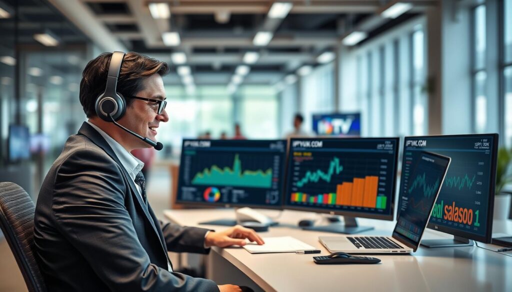 A professional support desk scene showcasing "IPTVVUK.COM" in a modern office environment. In the foreground, a friendly customer support agent, dressed in business attire, is attentively assisting a client via a headset. The agent is seated at a sleek desk with a laptop and customer support tools, exuding a confident and approachable demeanor. In the middle, emphasize various screens displaying IPTV reliability metrics, with colorful graphs and performance stats, symbolizing stability and quality. The background includes blurred elements of a bustling office environment, with bright, natural lighting filtering in through large windows, creating an atmosphere of professionalism and trust. The overall mood should be focused, positive, and inviting, reflecting excellence in customer service and reliable streaming solutions.
