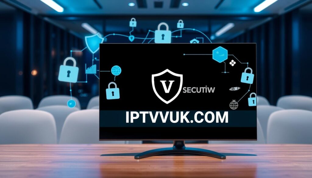 A secure and modern digital environment representing "IPTV Security." In the foreground, a sleek computer screen displays the IPTVVUK.COM logo prominently, surrounded by tools signifying strong cybersecurity, such as locks and shields. In the middle, an abstract representation of a digital network flows around the screen, highlighting connections and safe data transfer. The background features a dimly lit office space with hints of a tech-savvy atmosphere—glowing data streams and graphs suggesting monitoring and protection. Soft blue and green lighting casts an inviting yet serious mood, emphasizing the importance of legal and safe streaming. A wide-angle lens enhances the expansive feeling of security and professionalism. Overall, the image conveys a sophisticated atmosphere, aligning with the integrity of IPTV services.