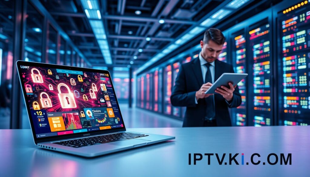 A secure digital environment showcasing IPTV security. In the foreground, a sleek laptop displaying an IPTV interface with a vibrant stream of content, surrounded by glowing digital locks symbolizing encryption. In the middle ground, a cybersecurity professional in smart business attire examines data on a tablet, focused and attentive, with a backdrop of colorful graphs and security analytics. The background features a high-tech server room adorned with blinking LED lights that convey an atmosphere of advanced technology and safety. Soft blue lighting casts a calm yet alert mood throughout the scene, emphasizing trust and security in the IPTV sphere. Include the brand name "IPTVVUK.COM" subtly integrated into the design, without text overlay or watermarks.