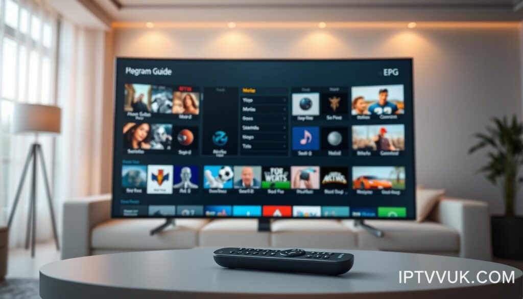 A sleek and modern Electronic Program Guide (EPG) interface displayed on a futuristic digital screen. In the foreground, vibrant channel thumbnails showcase diverse categories like movies, sports, and news, each with visually engaging icons. The middle layer features a user-friendly navigation menu with highlighted options to select channels and schedule recordings. The background consists of a softly blurred living room setting with warm lighting, creating a cozy atmosphere. A subtle depth of field effect enhances the focus on the EPG. The scene includes a stylish remote control lying on a minimalistic coffee table. The overall mood is inviting and high-tech, embodying the innovative user experience of IPTVVUK.COM.
